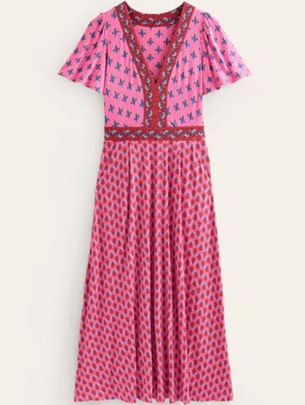 Boden Ellie Flutter Maxi Tea Dress Multi Print Coastal Boho V-neck Size 12P - Picture 4 of 13